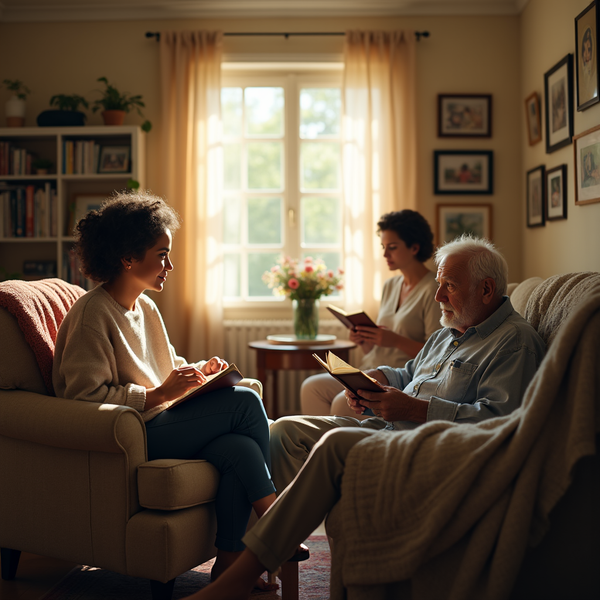 Three people sit in a warmly lit living room, each reading books and appearing relaxed.