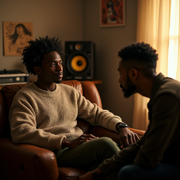 Two men with short hair sit on a brown leather couch, engaged in conversation.