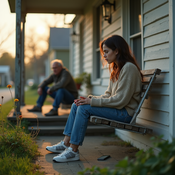 A young woman sits on a porch bench, looking down, while an older man sits a distance away.