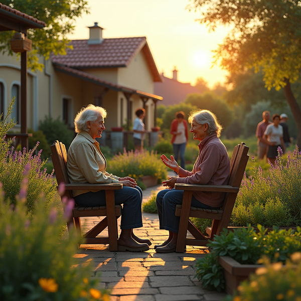 Two elderly women sit on wooden chairs, conversing in a sun-drenched garden at sunset.