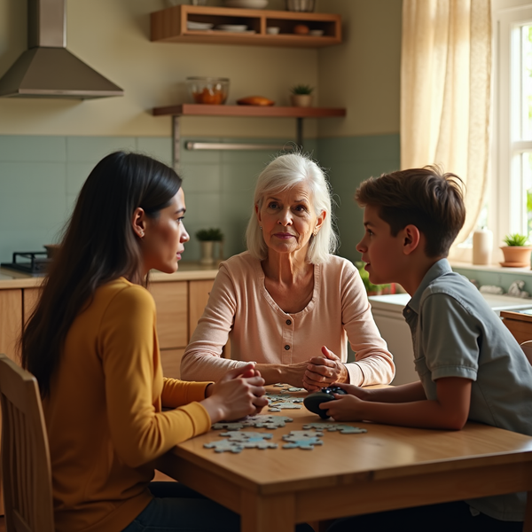 Three generations, a woman, an elderly woman, and a boy, work on a jigsaw puzzle at a wooden table.