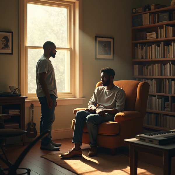 Two men are in a warmly lit room; one stands near a window, the other sits in an armchair.