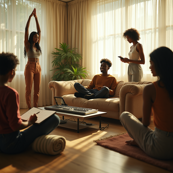 Four young adults relax in a sunlit living room with musical equipment and yoga props.