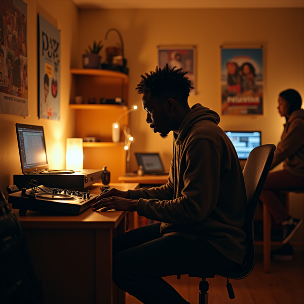 A young man with textured hair sits at a desk, working on a laptop with a midi controller.