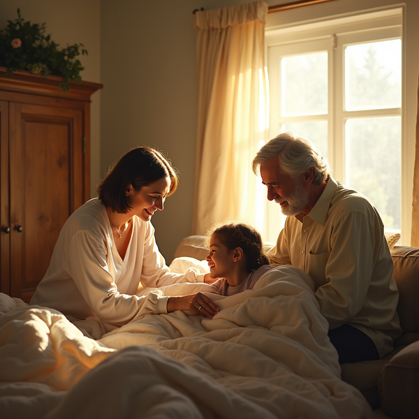 A woman and an elderly man sit on a bed, smiling at a young girl wrapped in a blanket, bathed in warm light.