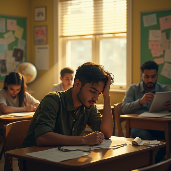 A student with his head in his hand sits at a desk in a classroom filled with other students and a teacher.