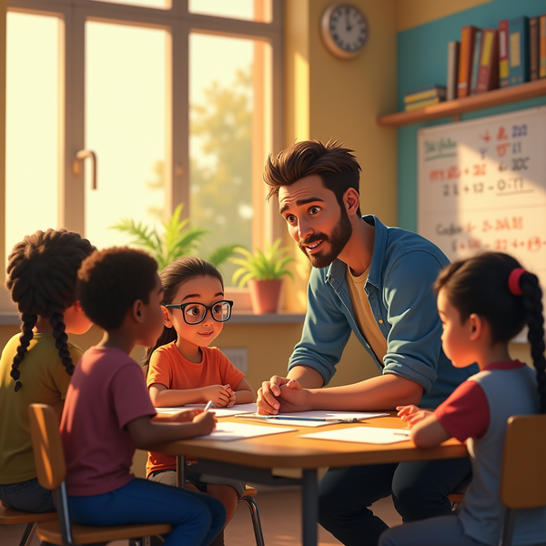 A young teacher smiles at four students seated around a desk in a sunlit classroom.