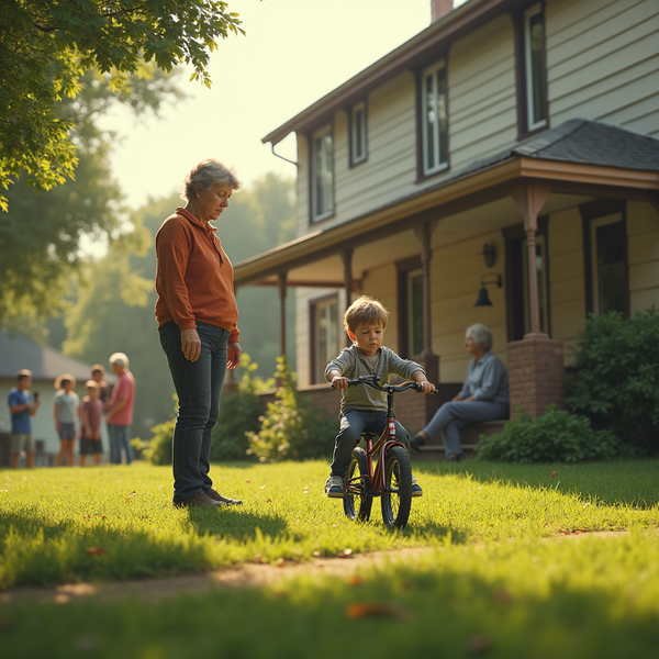 A young boy rides a bike while an older woman watches and another elderly person sits on a porch.