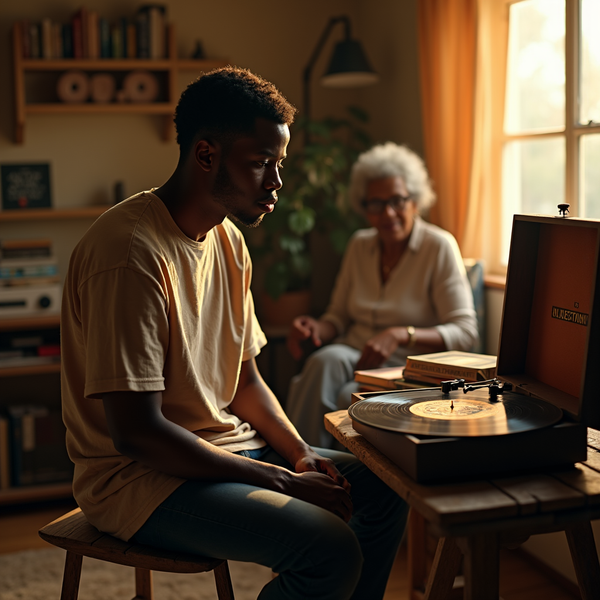 A young man adjusts a record on a turntable while an older woman watches in a warm, sunlit room.