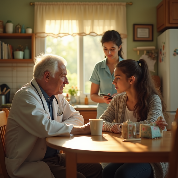 An elderly doctor speaks with a young woman at a kitchen table, while a caregiver stands nearby using a phone.