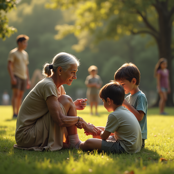 An elderly woman with gray hair sits on the grass, gently holding a young boy's hands, with other children playing in the background.