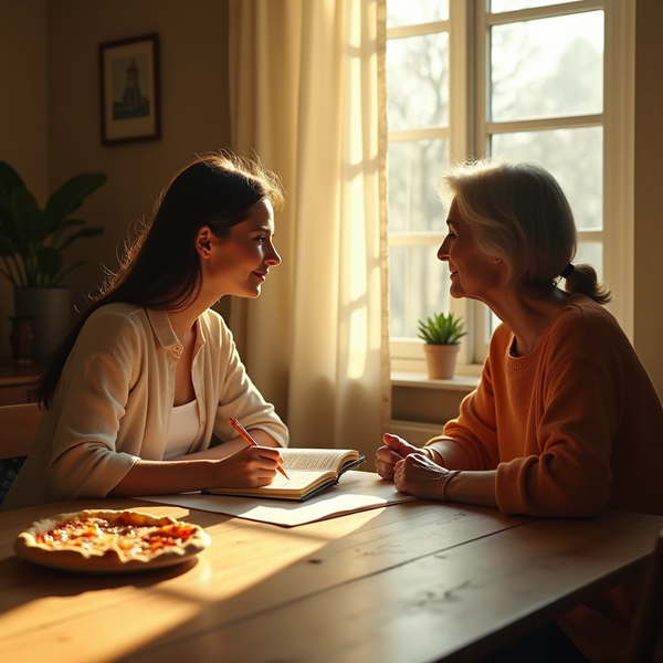Two women sit at a wooden table, one writing in a notebook while the other looks on.