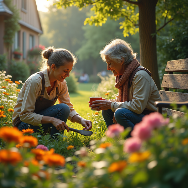 Two women smile while gardening among flowers, one holding a mug and the other using a trowel.
