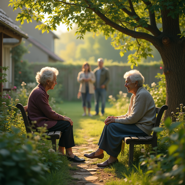Two elderly women sit on a bench in a sun-drenched garden, while a couple walks by in the background.