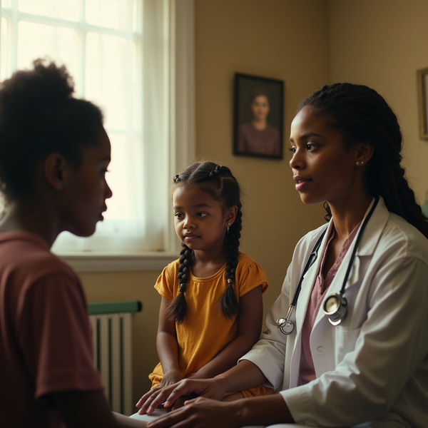 A doctor and a young girl sit with a woman, presumably the girl's mother, in a medical office.