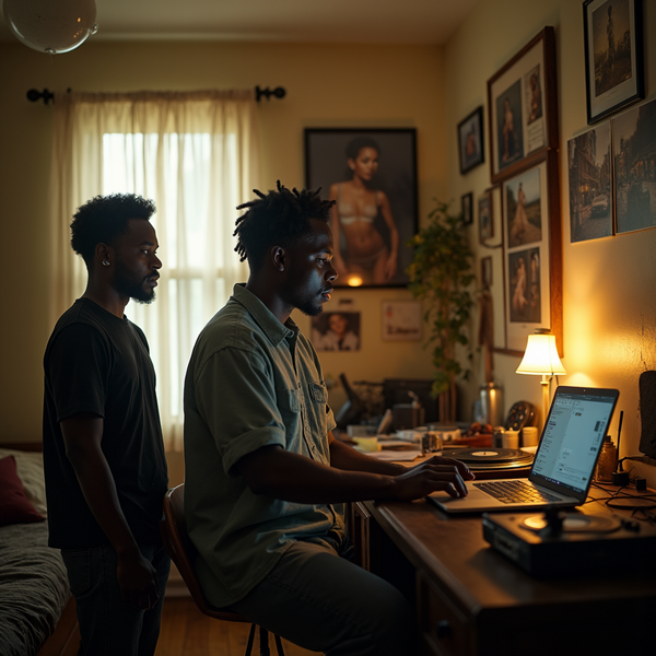Two men are in a warmly lit room; one uses a laptop at a desk while the other stands nearby.