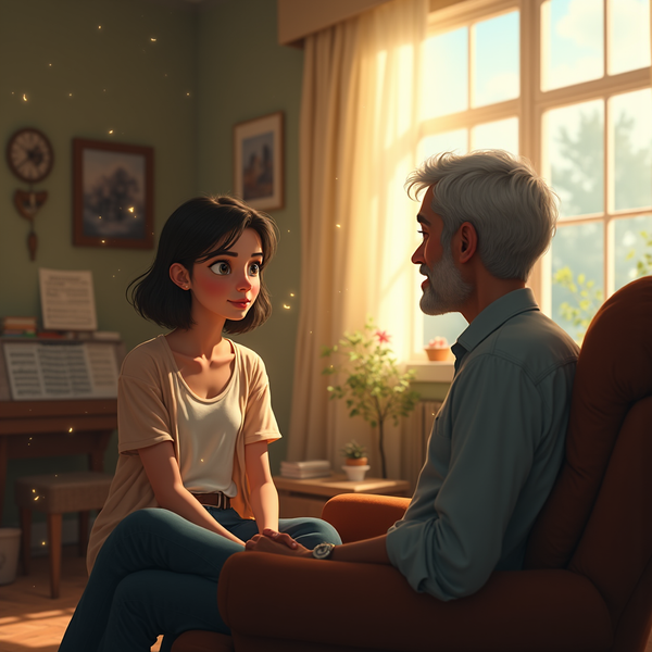 A young woman and older man hold hands, bathed in warm sunlight filtering through a window.