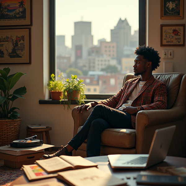A man sits in a leather chair, gazing out a window at a cityscape, with plants and records nearby.