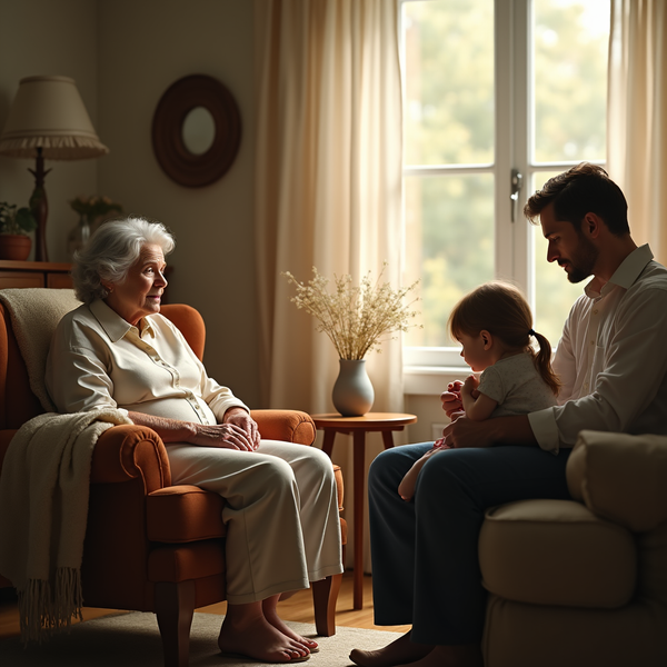 An elderly woman sits across from a man holding a young child near a window with soft light.