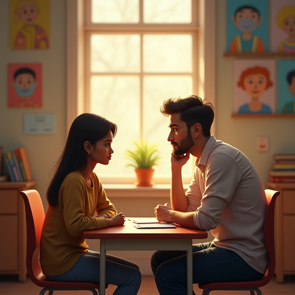 A young girl and a man sit across a table, engaged in a serious conversation in a brightly lit classroom.