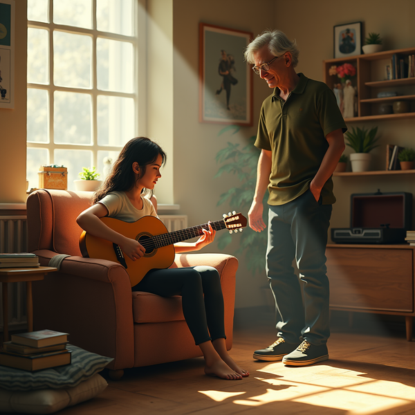 A young woman plays guitar for an older man in a sunlit room filled with plants and books.