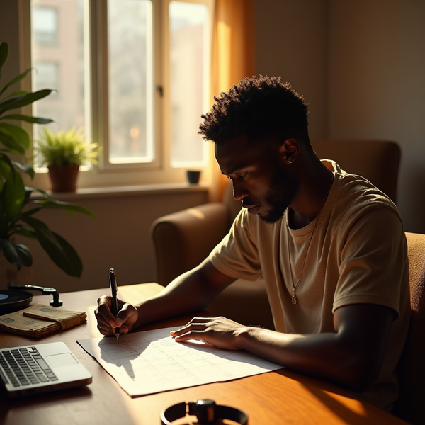 A man sits at a wooden desk, writing on paper with a pen in a sunlit room.