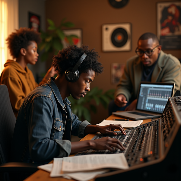 Three young adults work at a recording console in a music studio, wearing headphones.