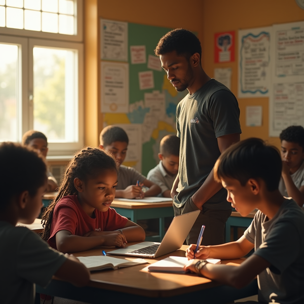 A young man assists two students using a laptop in a brightly lit classroom.