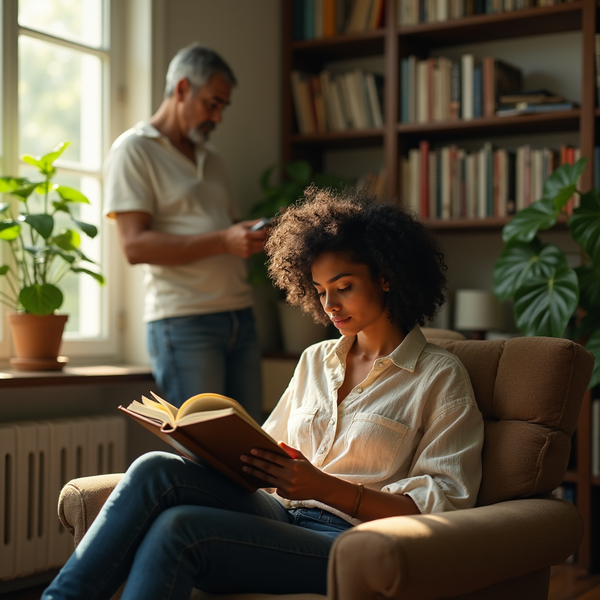 A woman with curly hair reads a book in an armchair, while a man stands nearby looking at a phone.