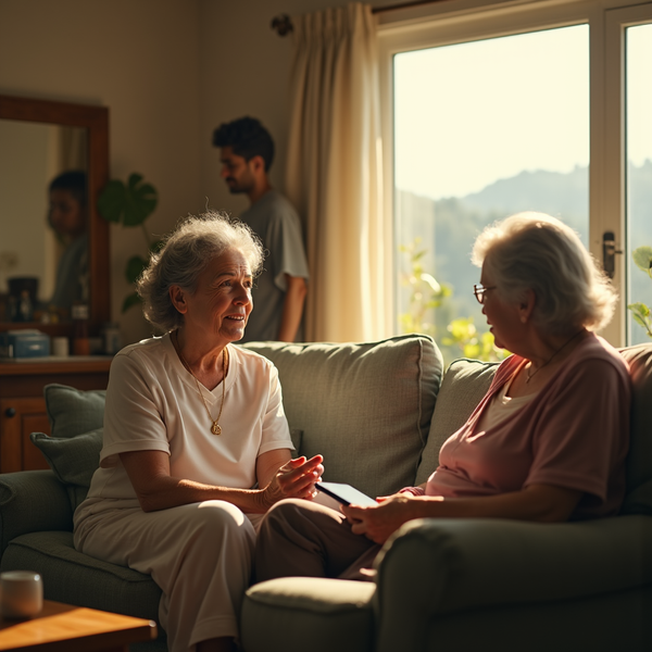 Two elderly women sit on a sofa, smiling and chatting in a bright, sunlit living room.