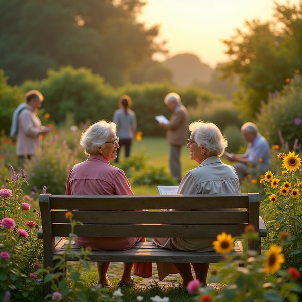 Two elderly women sit on a bench in a flower garden, bathed in golden sunset light, with other people in the background.