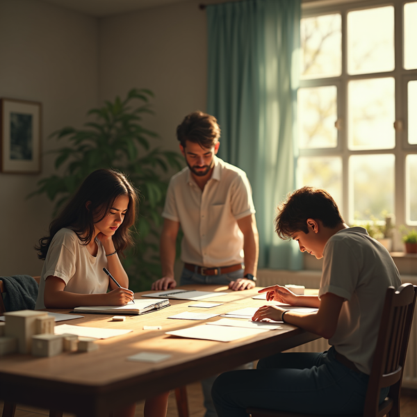 Three people work collaboratively around a wooden table covered in papers and notebooks, bathed in warm sunlight.