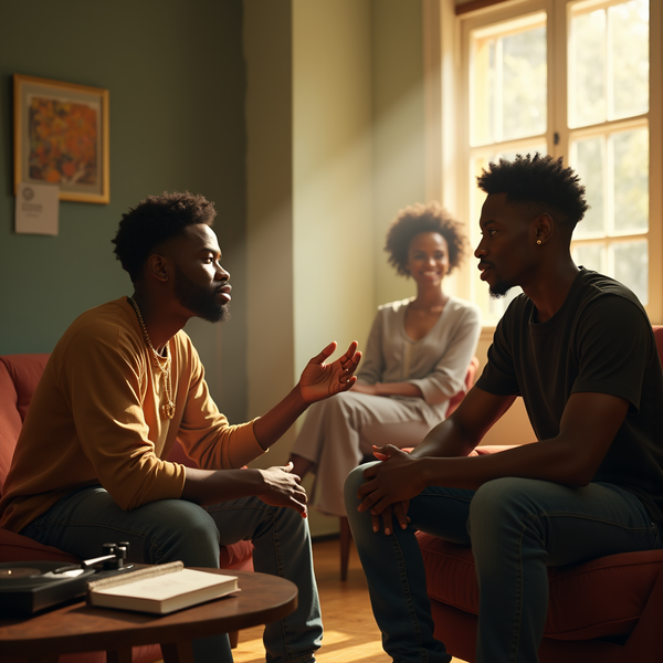 Three people sit in a warmly lit living room, engaged in conversation.