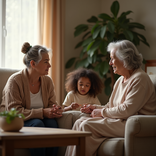 Three generations, two women and a young girl, converse in a warm, sunlit living room.