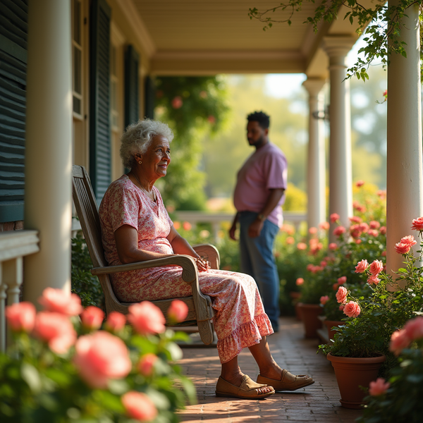 An older woman with gray hair sits on a rocking chair, while a man stands nearby on a porch filled with pink roses.