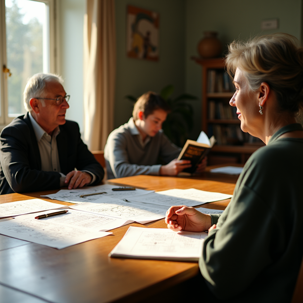 Three people are seated around a large wooden table covered in architectural drawings.