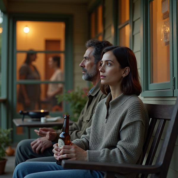 A couple sits on a porch bench, looking off into the distance toward a warmly lit room.