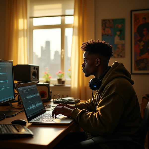 A young man with headphones sits at a laptop displaying audio waveforms, bathed in warm light from a window.
