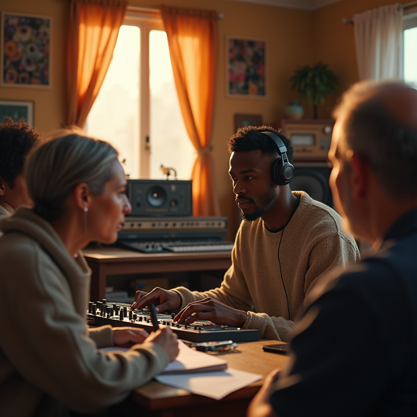 Three people collaborate in a recording studio, one wearing headphones and playing a MIDI controller.