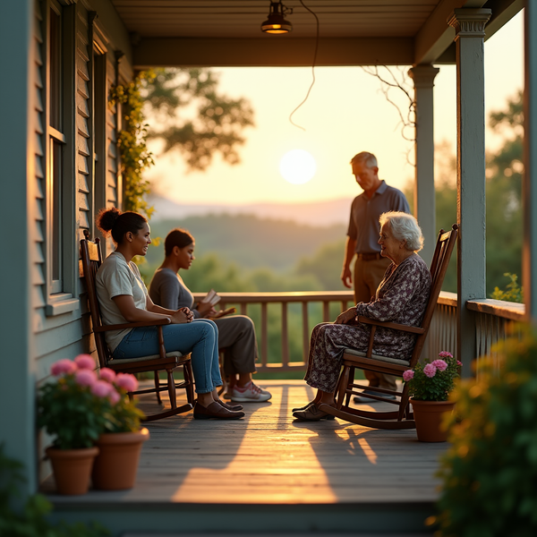 Three generations relax on a porch, bathed in the warm glow of a sunset.