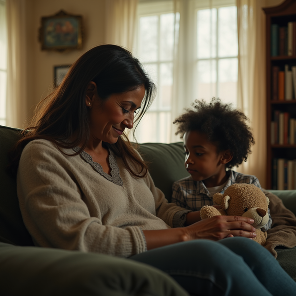 A woman and a young child sit on a couch, looking at a book and holding a teddy bear.