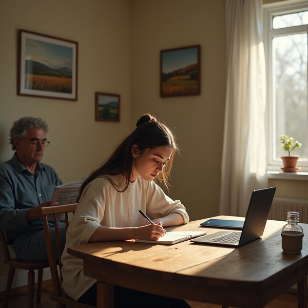 A young woman sits at a wooden table writing, with a laptop and an older man reading nearby.