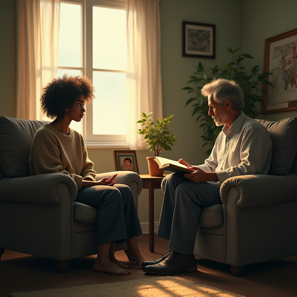An older man reads to a young woman in a warmly lit living room with a window and plants.