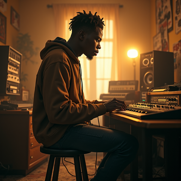 A young man with dreadlocks plays a synthesizer in a recording studio bathed in warm light.