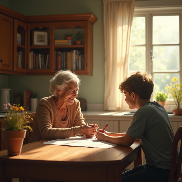 An elderly woman and a young boy sit at a wooden table, engaged in a lesson.