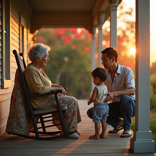 An older woman in a rocking chair smiles at a father and young child on a porch at sunset.
