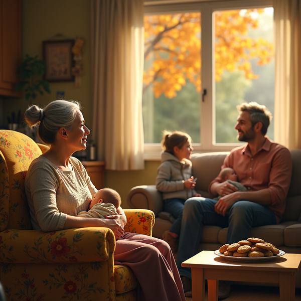 A multigenerational family enjoys a cozy afternoon indoors, bathed in warm light from a window displaying autumn foliage.