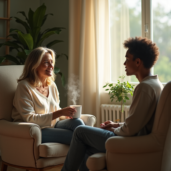 Two women sit in armchairs, conversing while one holds a steaming mug near a window.