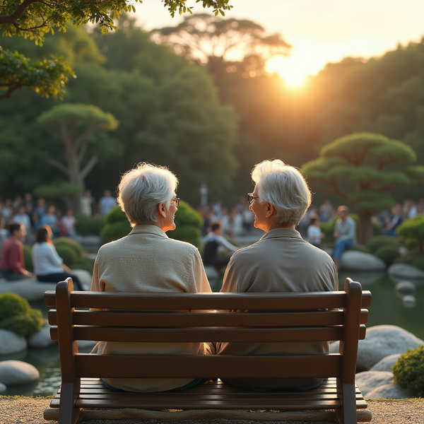 Two elderly people with white hair sit on a bench, facing a sunlit garden with blurred figures in the background.