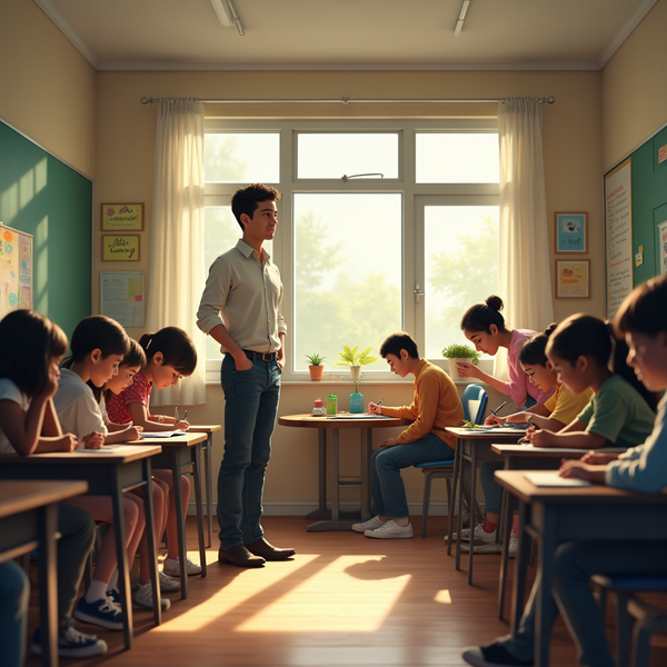 A teacher stands near students seated at desks in a bright, sunlit classroom.